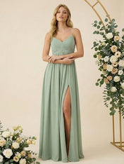 Spaghetti Straps V Neck A Line Chiffon Pleat Long Bridesmaid Dresses with Slit