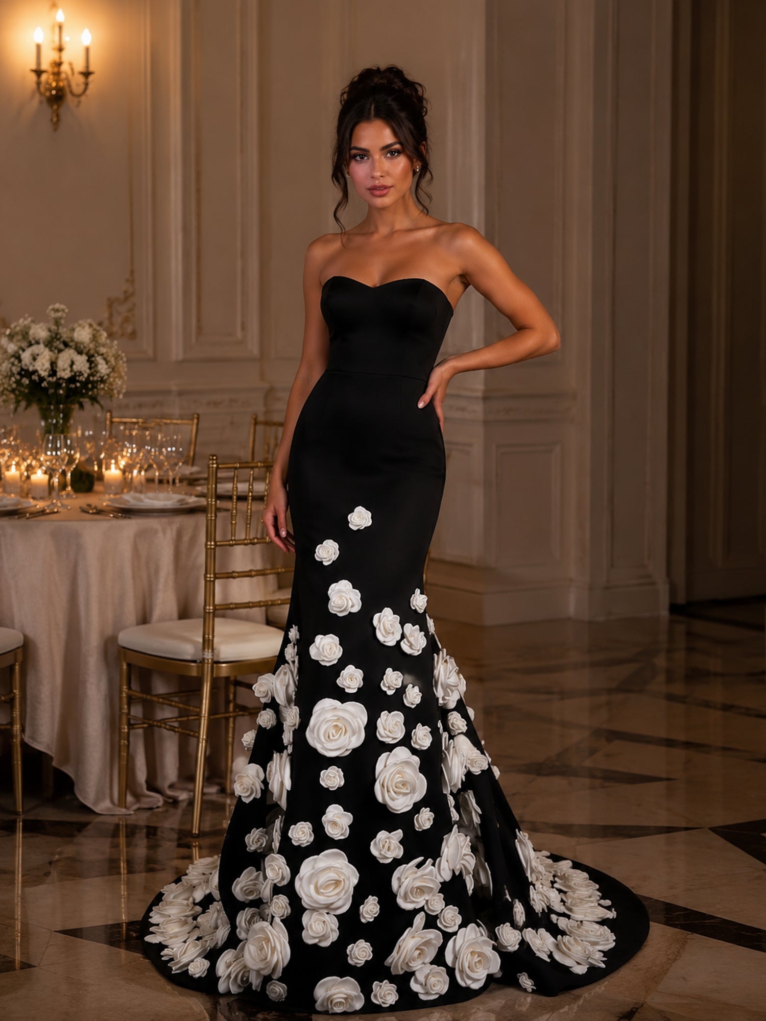 Dramatic Black 3D White Floral Mermaid Evening Formal Gown