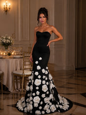 Dramatic Black 3D White Floral Mermaid Evening Formal Gown