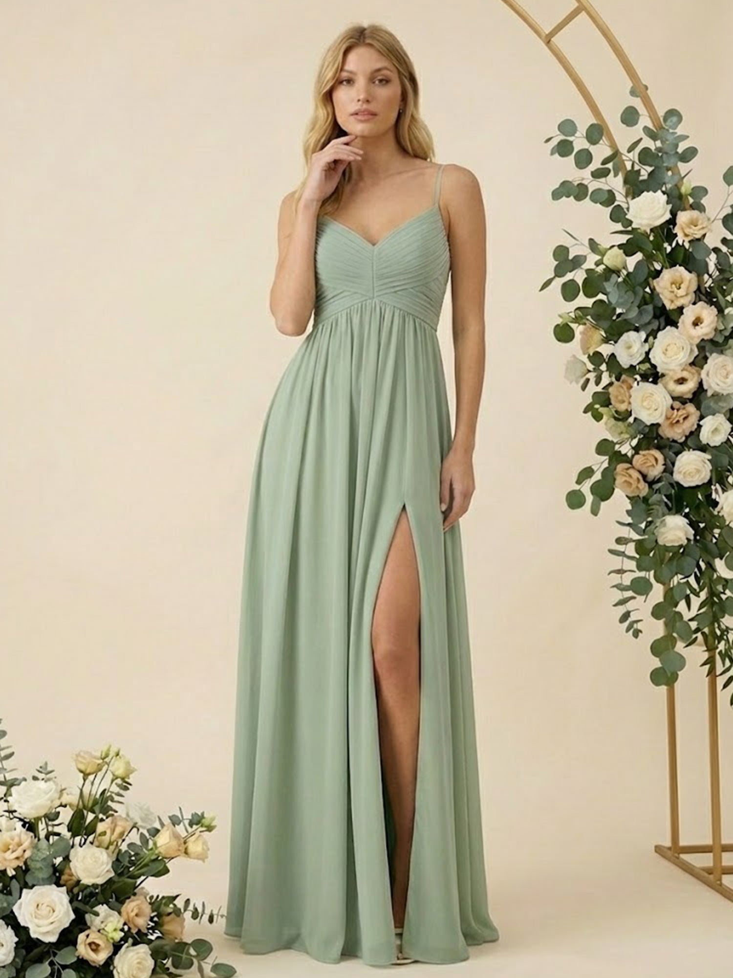 Spaghetti Straps V Neck A Line Chiffon Pleat Long Bridesmaid Dresses with Slit