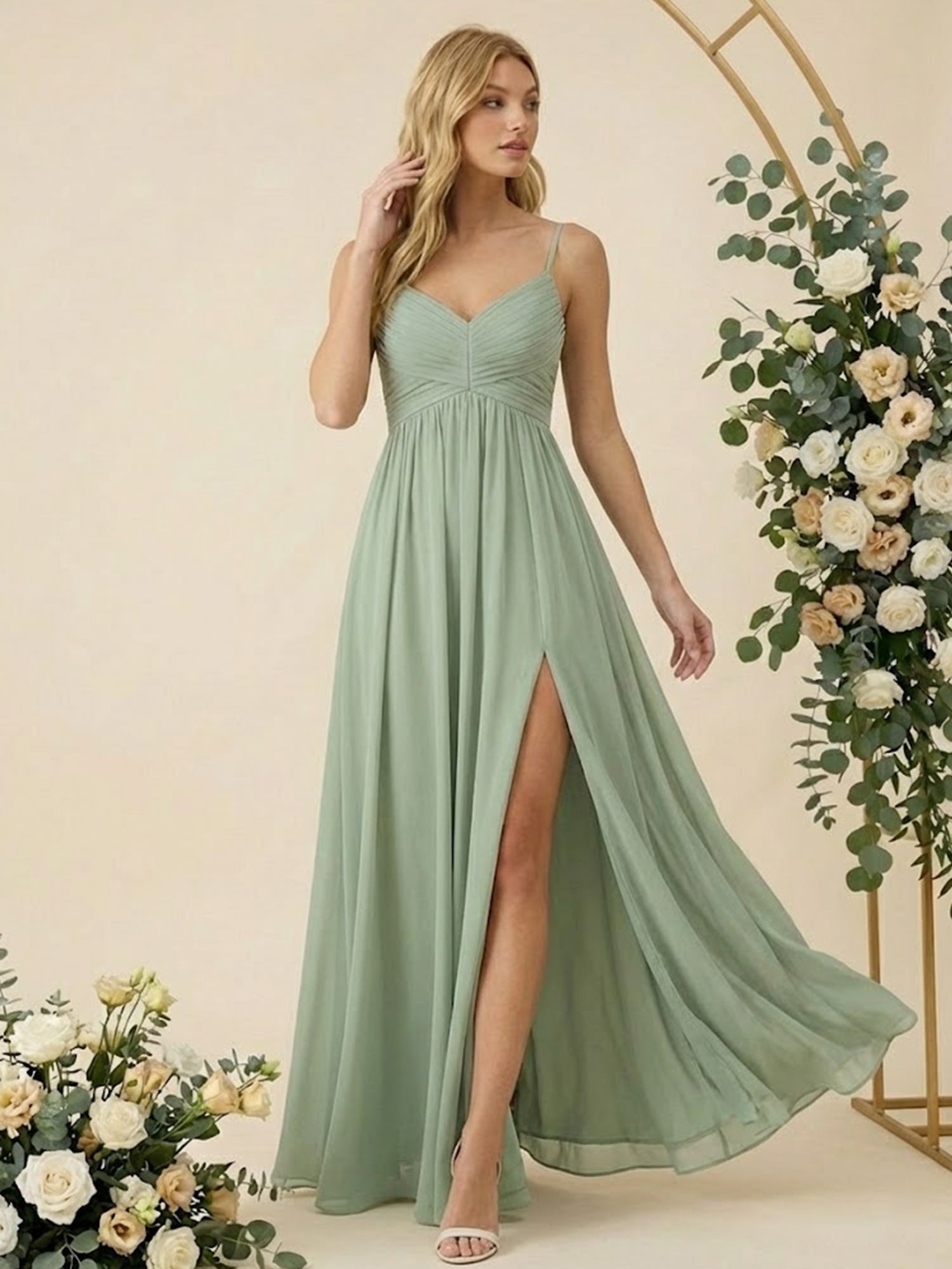 Spaghetti Straps V Neck A Line Chiffon Pleat Long Bridesmaid Dresses with Slit