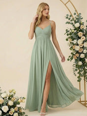Spaghetti Straps V Neck A Line Chiffon Pleat Long Bridesmaid Dresses with Slit