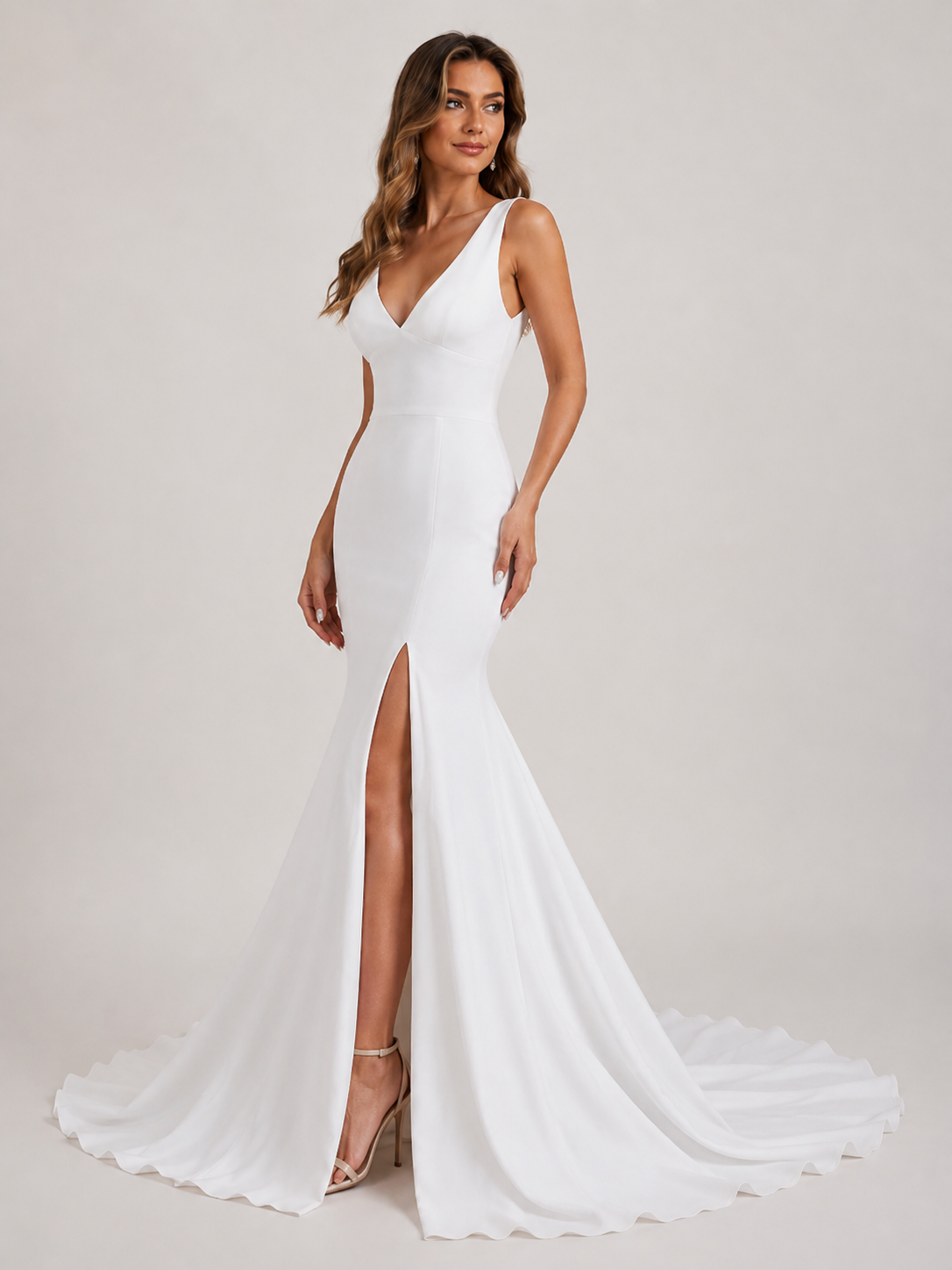 Elegant V-Neck Satin Mermaid Wedding Dress with High Slit and Chapel Train