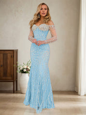Sparkly Champagne Mermaid Off the Shoulder Long Prom Dress With Corset