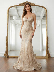 Trumpet/Mermaid Spaghetti Straps Sparkly Sequin Lace Applique Long Prom Dress