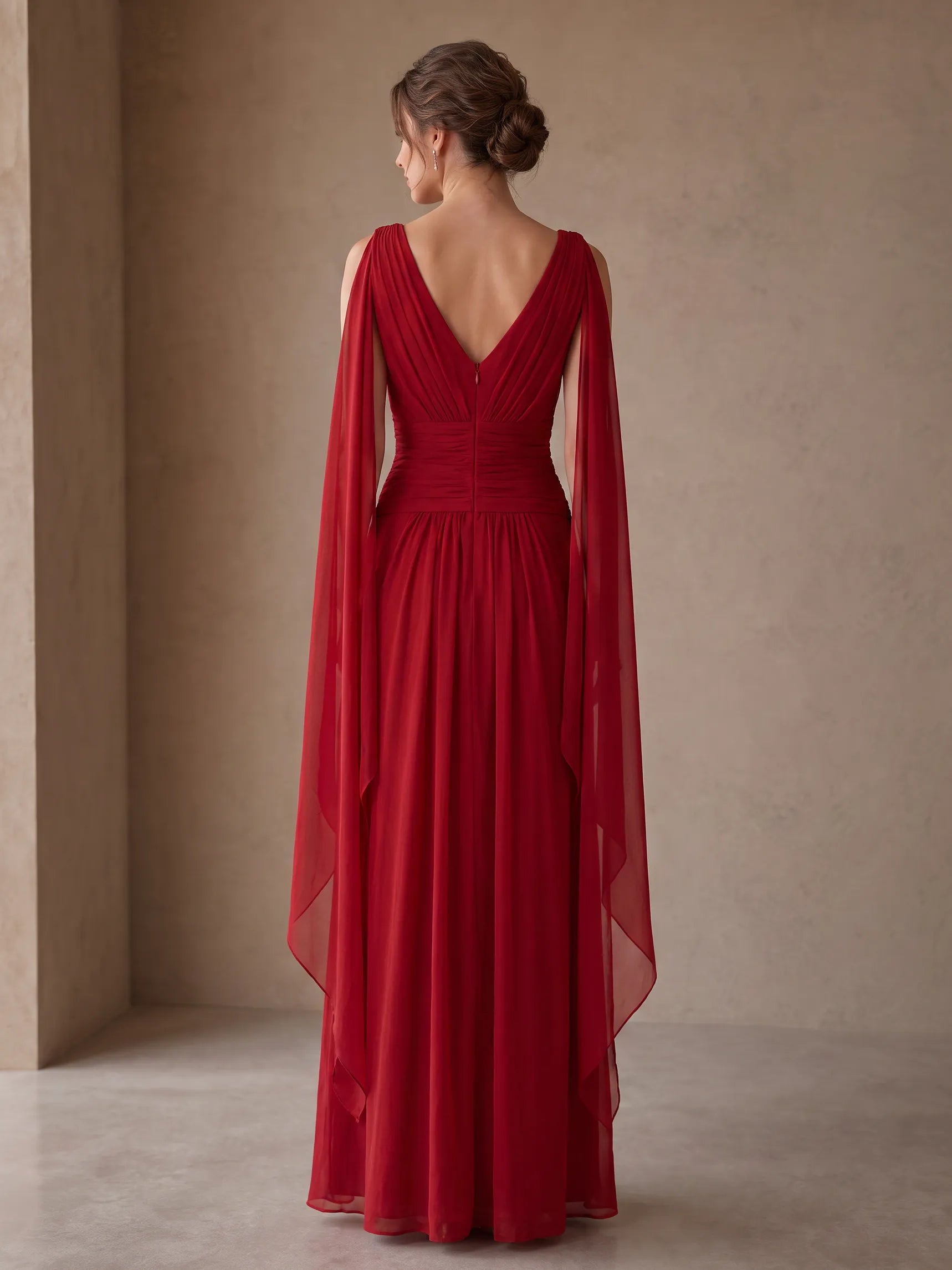 V-Neck Pleated Column Gown with Draped Cape Sleeves Bridesmaid Dress
