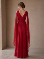 V-Neck Pleated Column Gown with Draped Cape Sleeves Bridesmaid Dress