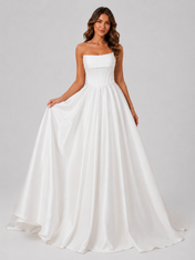 Elegant Strapless Straight-Neck Corset Satin Ball Gown Wedding Dress with Chapel Train