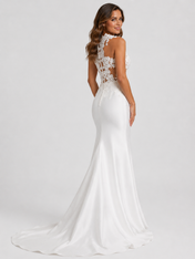 Elegant High-Neck Illusion Lace Crepe Mermaid Wedding Dress with Sweep Train
