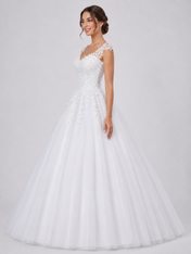 Elegant Lace Appliqued Tulle A-Line Wedding Dress with Scoop Back and Sweep Train