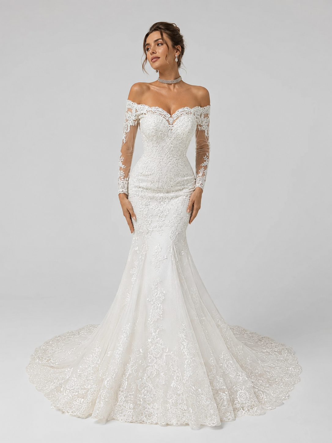 Elegant Off-the-Shoulder Long-Sleeve Lace Mermaid Wedding Dress with Chapel Train