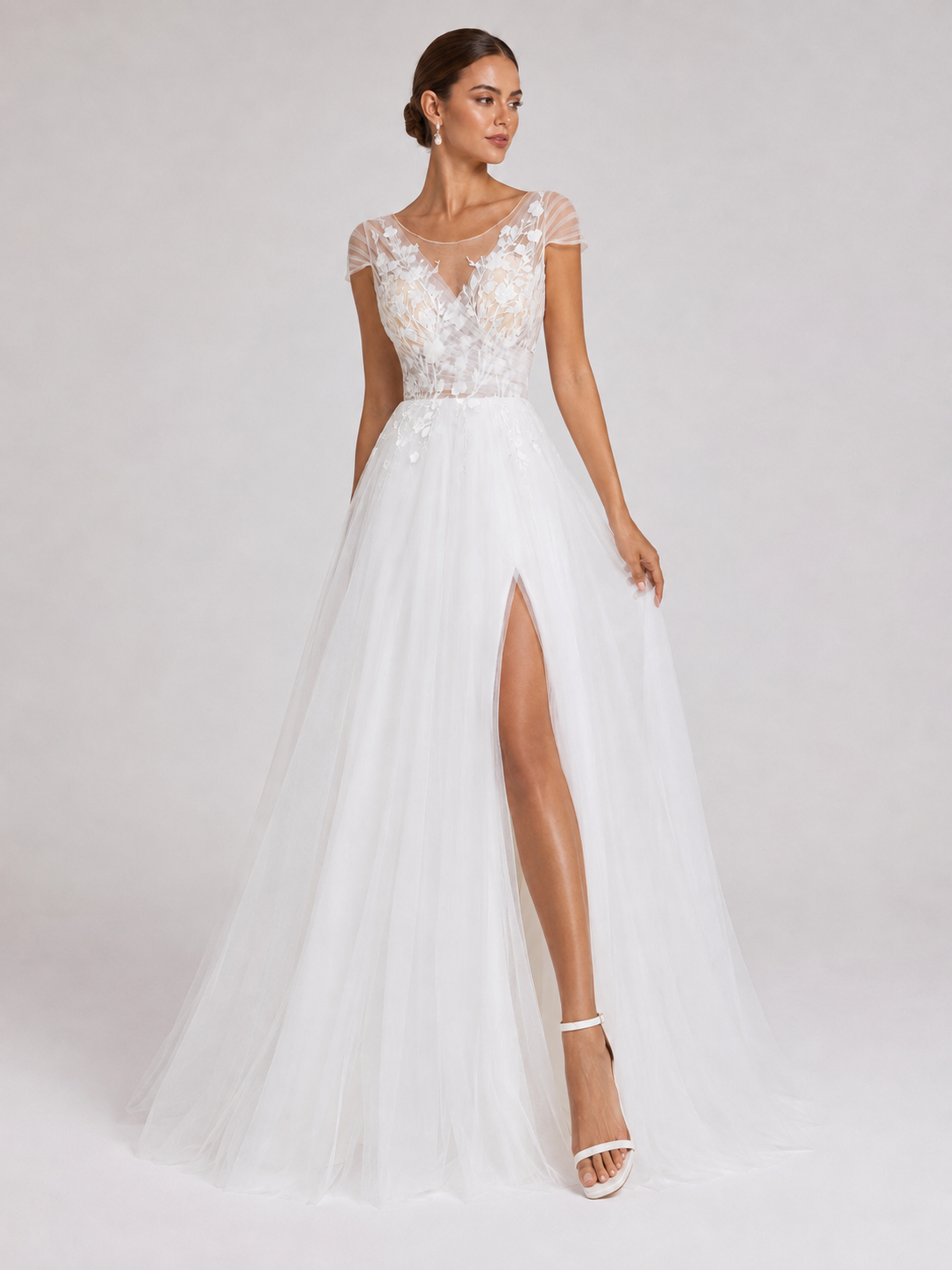 Elegant Cap Sleeve Lace Appliquéd Tulle A-Line Wedding Dress with High Slit and Chapel Train