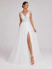 Elegant Cap Sleeve Lace Appliquéd Tulle A-Line Wedding Dress with High Slit and Chapel Train