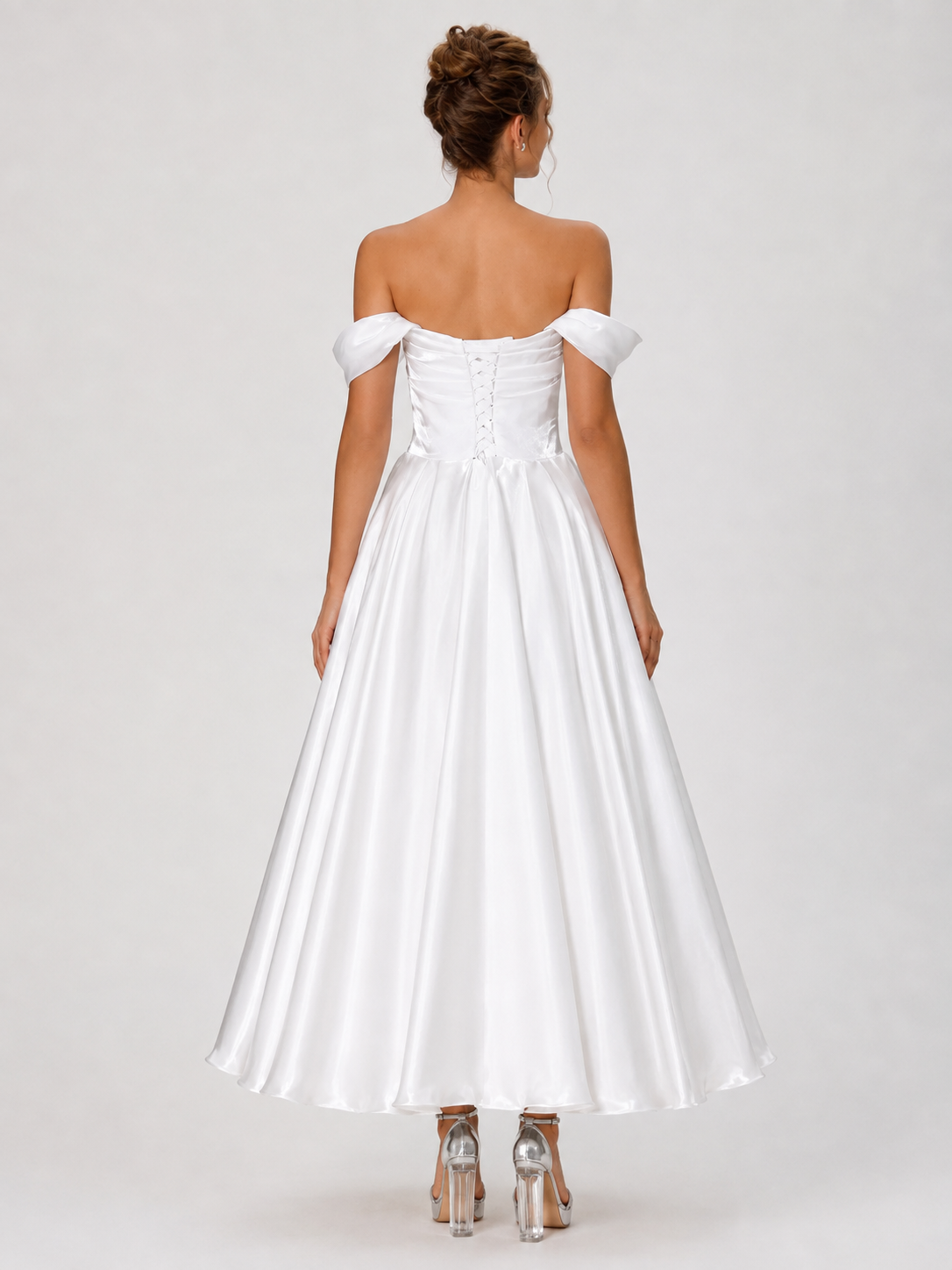 Elegant Off-the-Shoulder Ruched Satin A-Line Midi Wedding Dress with Lace-Up Back
