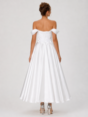 Elegant Off-the-Shoulder Ruched Satin A-Line Midi Wedding Dress with Lace-Up Back