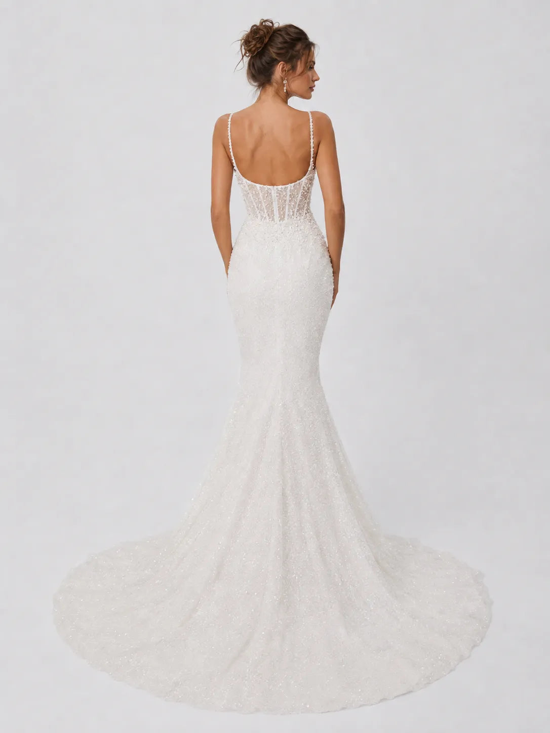 Luxury Spaghetti Strap Mermaid Wedding Dress with Beaded Corset Bodice and Cathedral Train