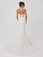 Luxury Spaghetti Strap Mermaid Wedding Dress with Beaded Corset Bodice and Cathedral Train