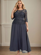 A-line Scoop Illusion Ankle-Length Chiffon Lace Mother of the Bride Dress With Rhinestone Beading