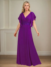 A Line V Neck Appliqued Floor Length Mother of the Bride Dress with Ruffles