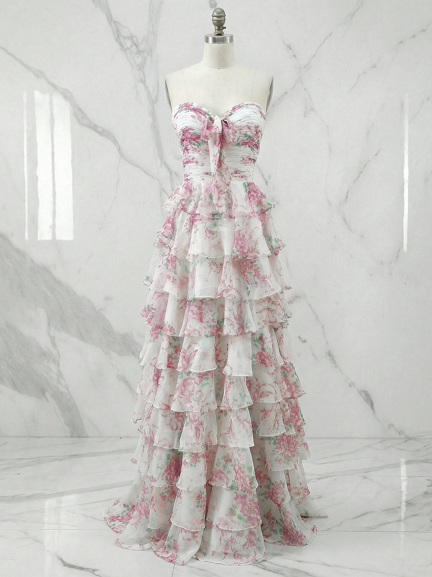 Floral Print Tiered Ruffle Prom Dress with Tie-Front Bow