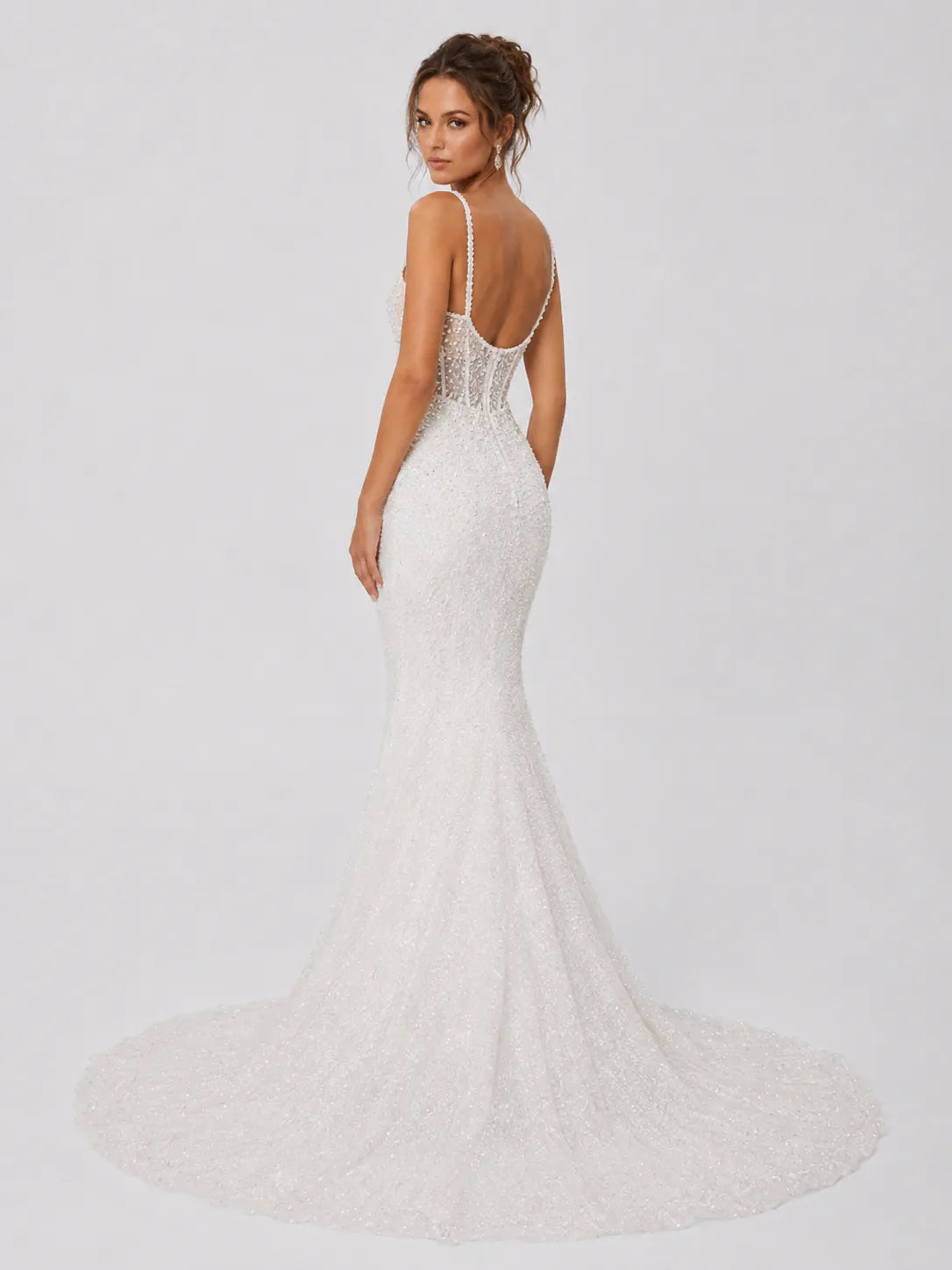 Luxury Spaghetti Strap Mermaid Wedding Dress with Beaded Corset Bodice and Cathedral Train