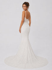 Luxury Spaghetti Strap Mermaid Wedding Dress with Beaded Corset Bodice and Cathedral Train