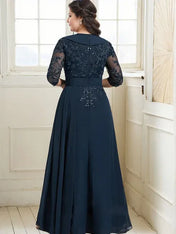 A-line Collared V-Neck Floor-Length Lace Chiffon Mother of the Bride Dress With Sequins Cascading Ruffles