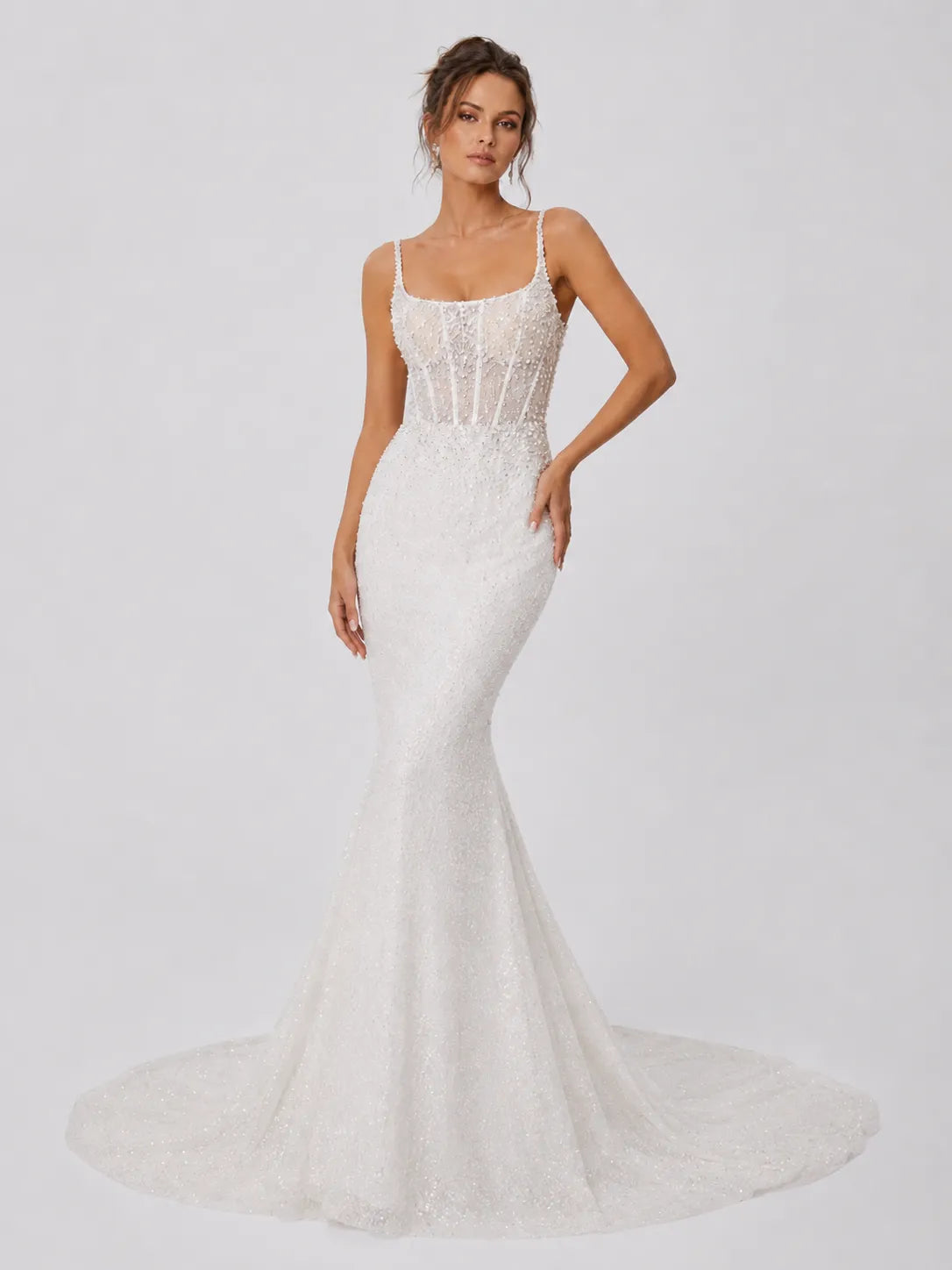 Luxury Spaghetti Strap Mermaid Wedding Dress with Beaded Corset Bodice and Cathedral Train