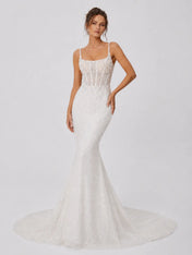 Luxury Spaghetti Strap Mermaid Wedding Dress with Beaded Corset Bodice and Cathedral Train
