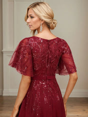 A-line V-Neck Floor-Length Lace Chiffon Evening Dress With Sequins