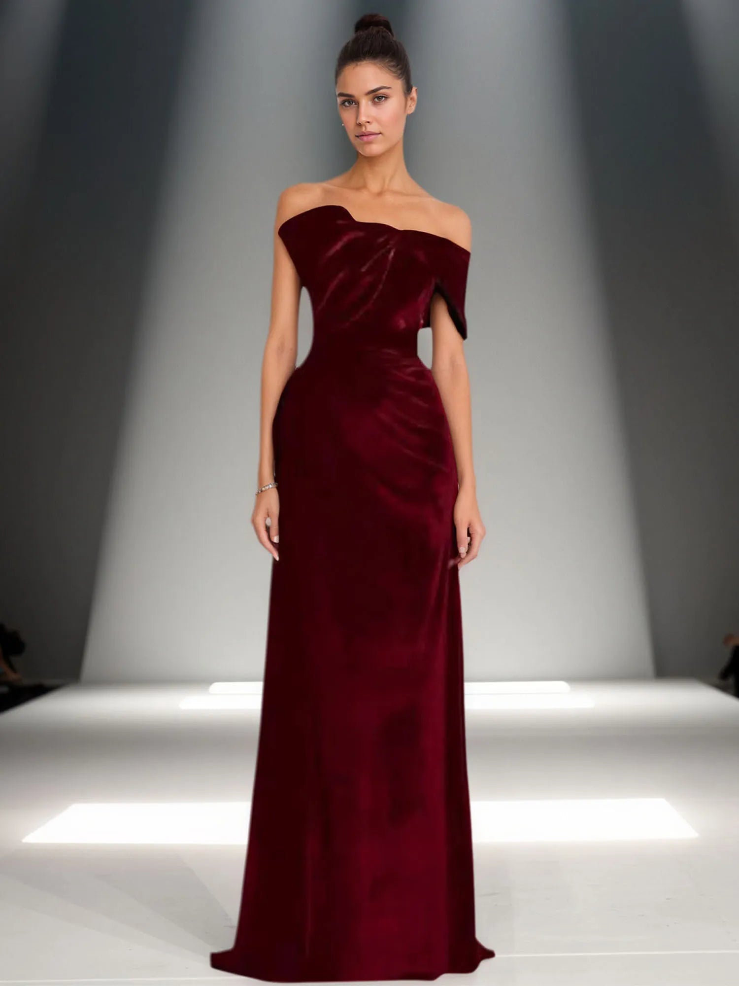 Off-Shoulder Bowknot Detail Velvet Maxi Gown Formal Evening Dress