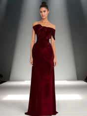Off-Shoulder Bowknot Detail Velvet Maxi Gown Formal Evening Dress