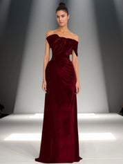 Off-Shoulder Bowknot Detail Velvet Maxi Gown Formal Evening Dress