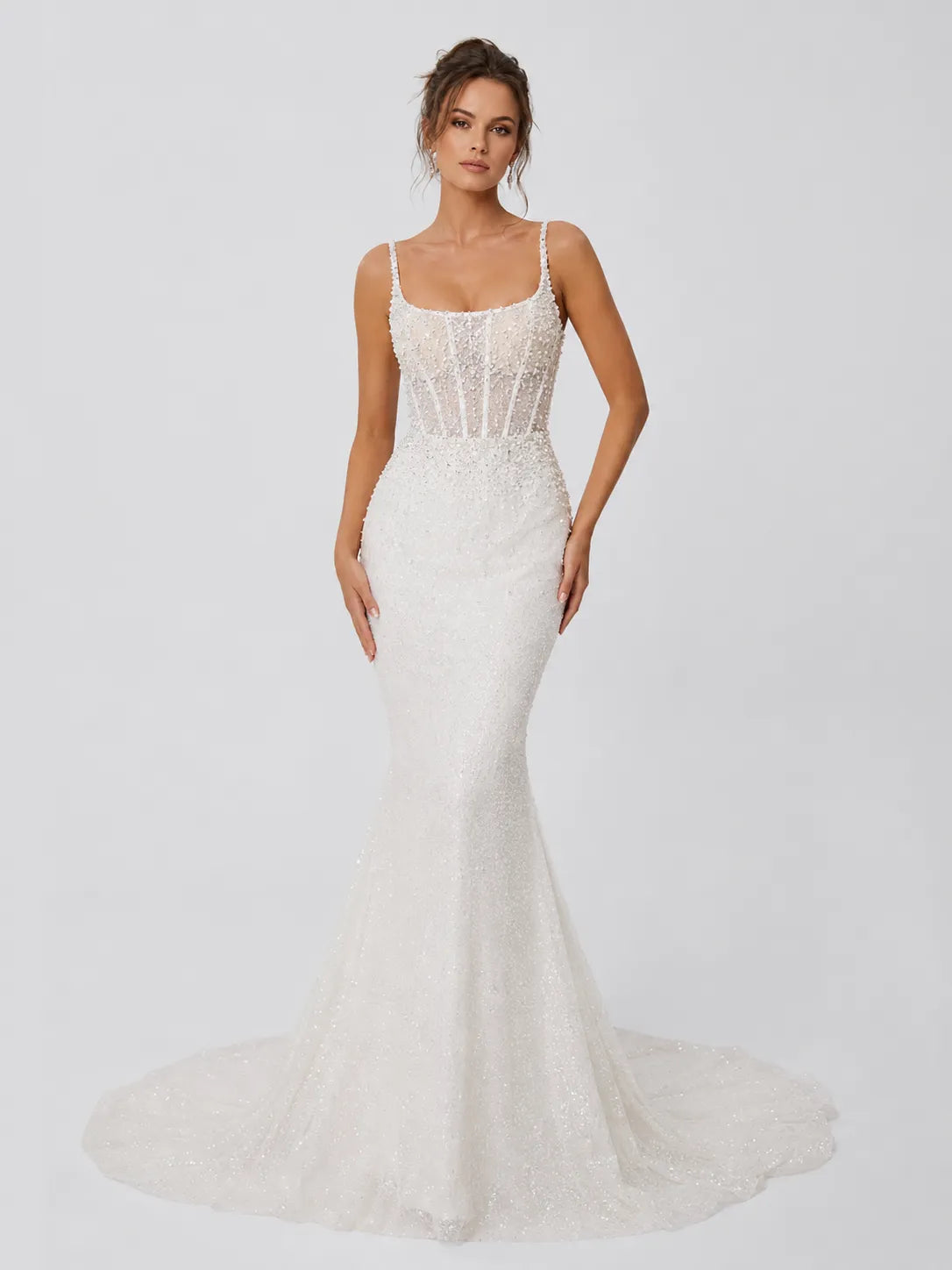 Luxury Spaghetti Strap Mermaid Wedding Dress with Beaded Corset Bodice and Cathedral Train