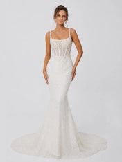 Luxury Spaghetti Strap Mermaid Wedding Dress with Beaded Corset Bodice and Cathedral Train