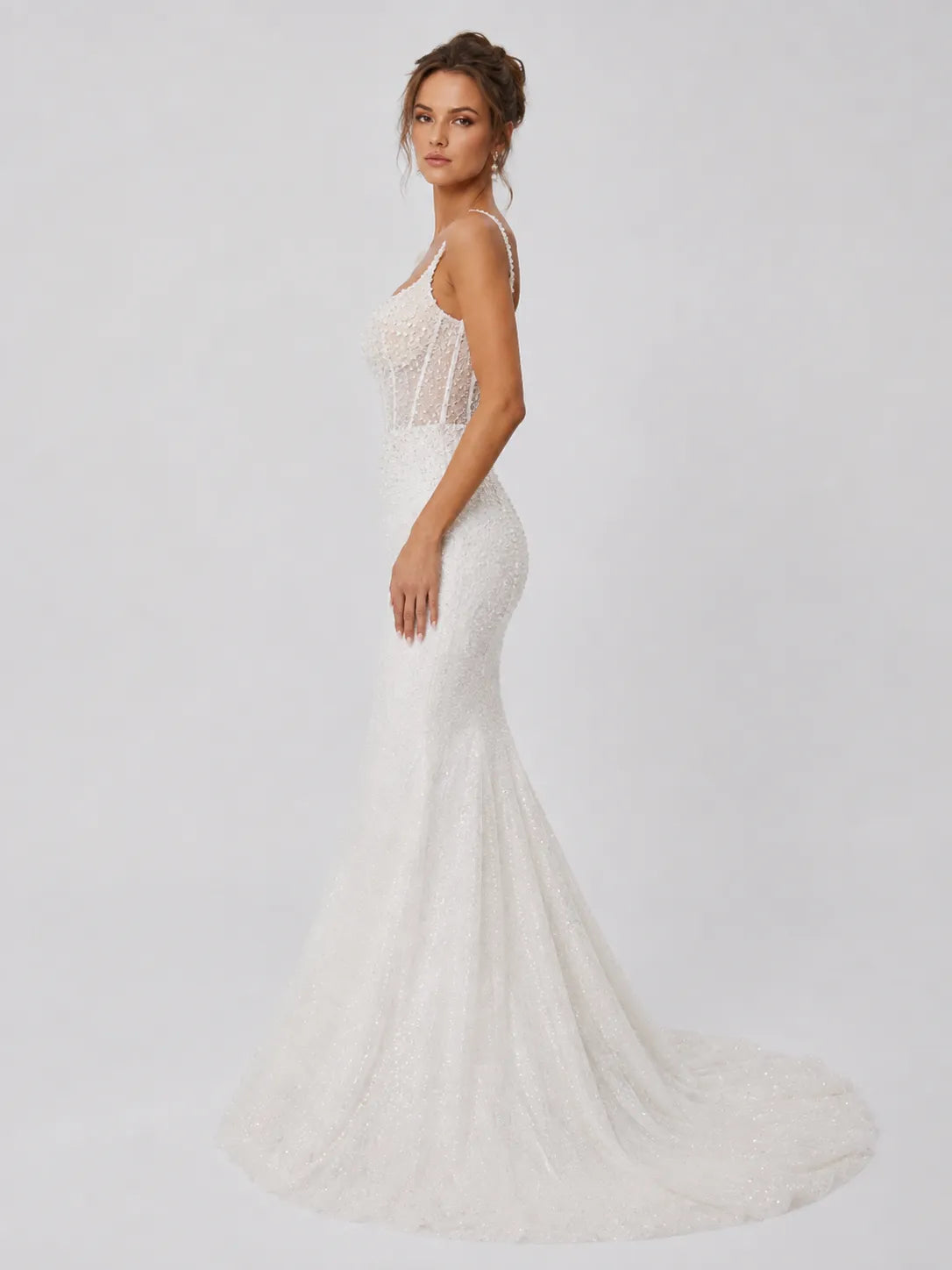 Luxury Spaghetti Strap Mermaid Wedding Dress with Beaded Corset Bodice and Cathedral Train