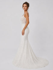 Luxury Spaghetti Strap Mermaid Wedding Dress with Beaded Corset Bodice and Cathedral Train