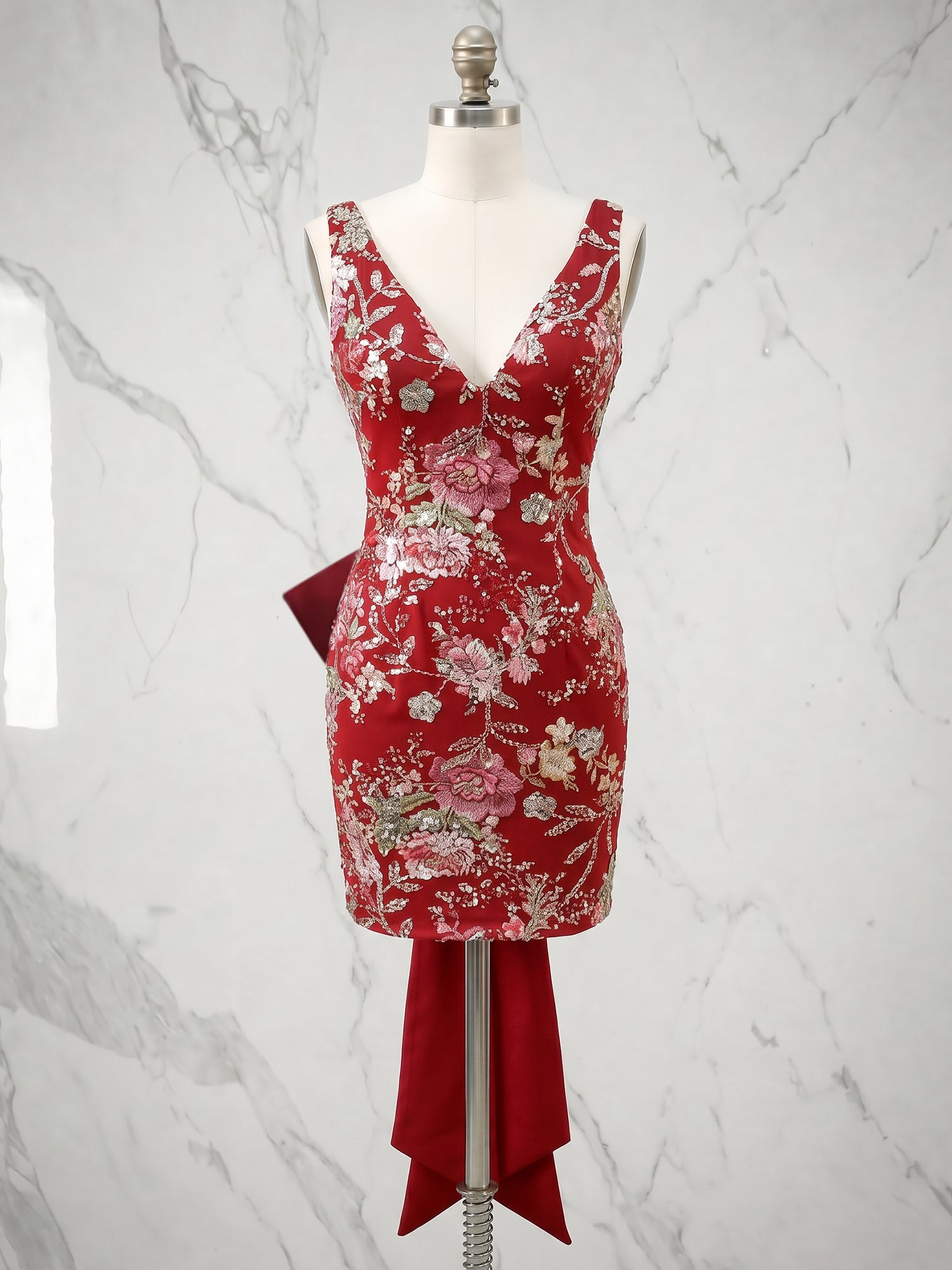 Lilac Floral Embroidered Deep V-Neck Homecoming Dress with Oversized Bow Train