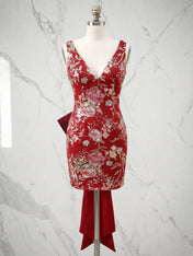 Lilac Floral Embroidered Deep V-Neck Homecoming Dress with Oversized Bow Train