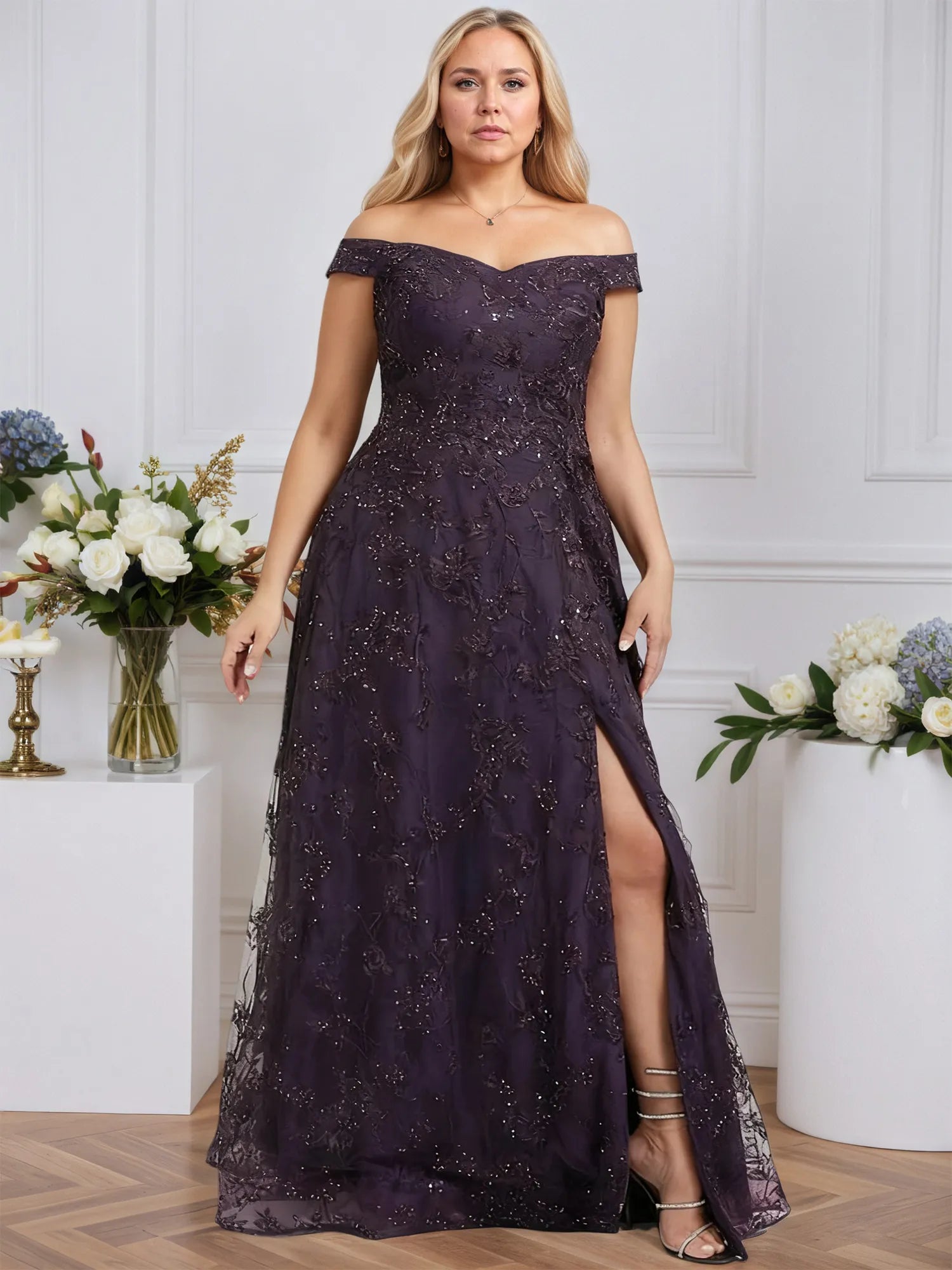 A-line Off the Shoulder Floor-Length Sequin Lace Evening Dress