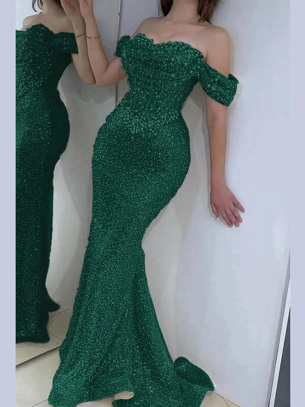 Champagne Pearl Sequin Off-the-Shoulder Mermaid Prom Dress
