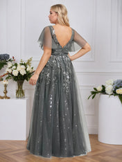 A-line V-Neck Floor-Length Tulle Lace Evening Dress With Sequins
