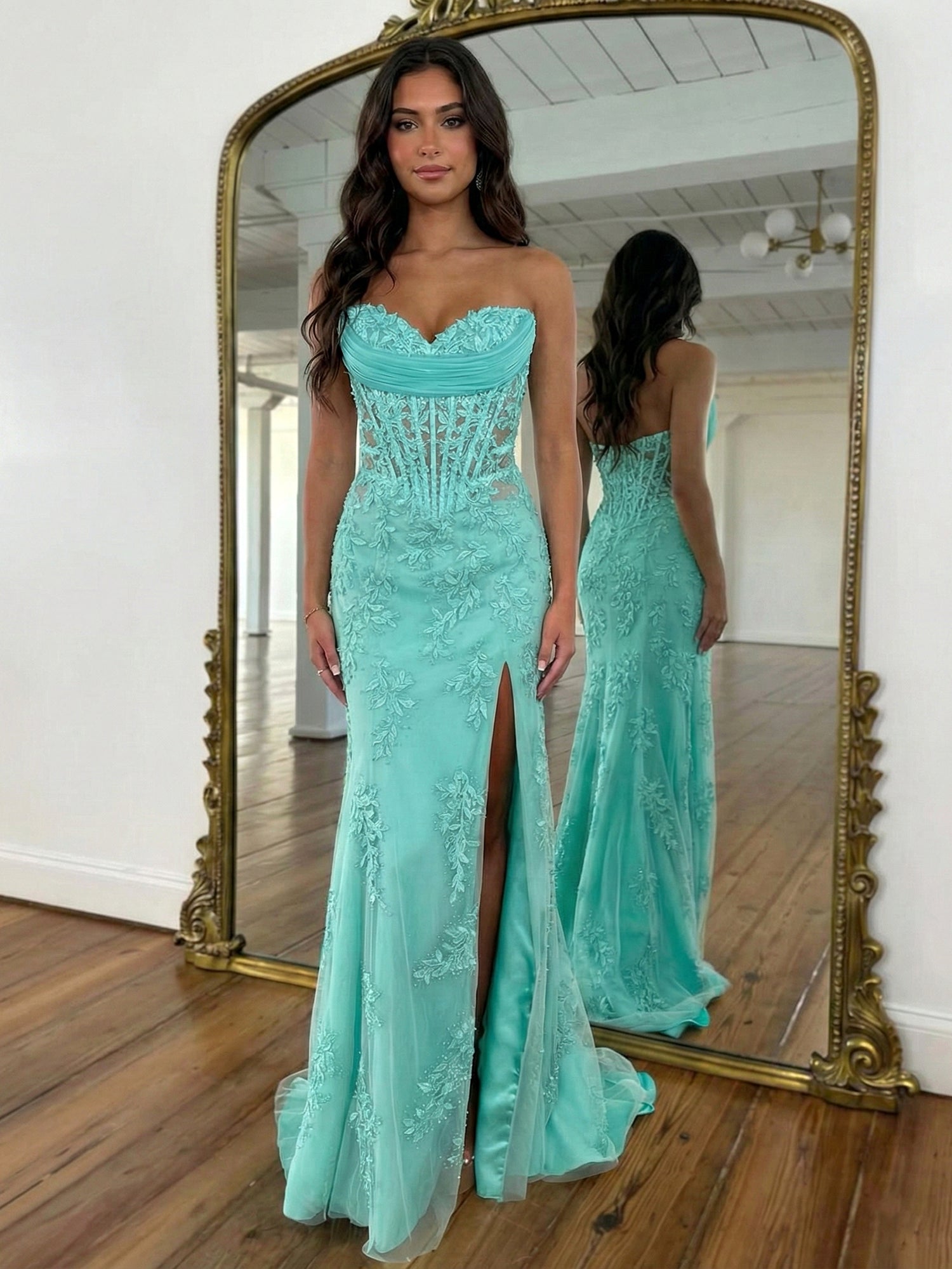Strapless Corset Lace Floral Prom Dress with Thigh-High Slit