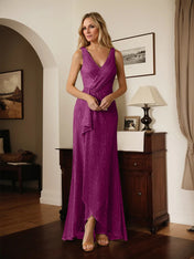 A-Line V-Neck Ruched Metallic Mesh Dress