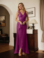 A-Line V-Neck Ruched Metallic Mesh Dress