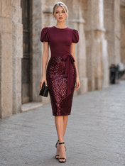 Sequin Splice Sheath Round Neck Midi Party Dresses with Waist Tie