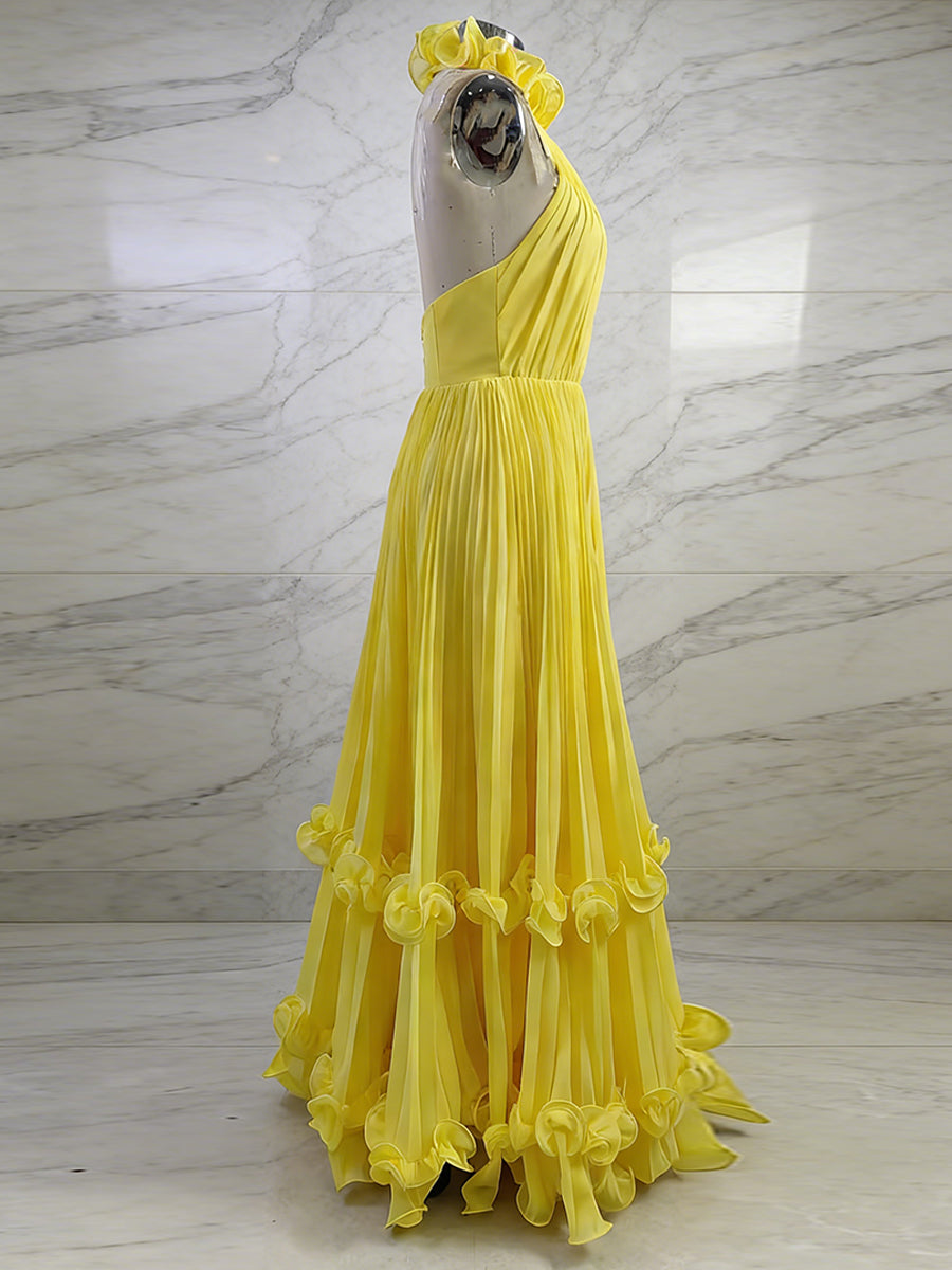 Yellow A Line Pleated Halter Ruffle Long Prom Dress