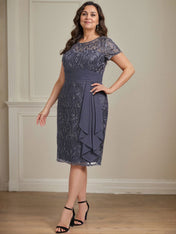 Sheath/Column Scoop Illusion Knee-Length Lace Chiffon Mother of the Bride Dress With Cascading Ruffles Sequins