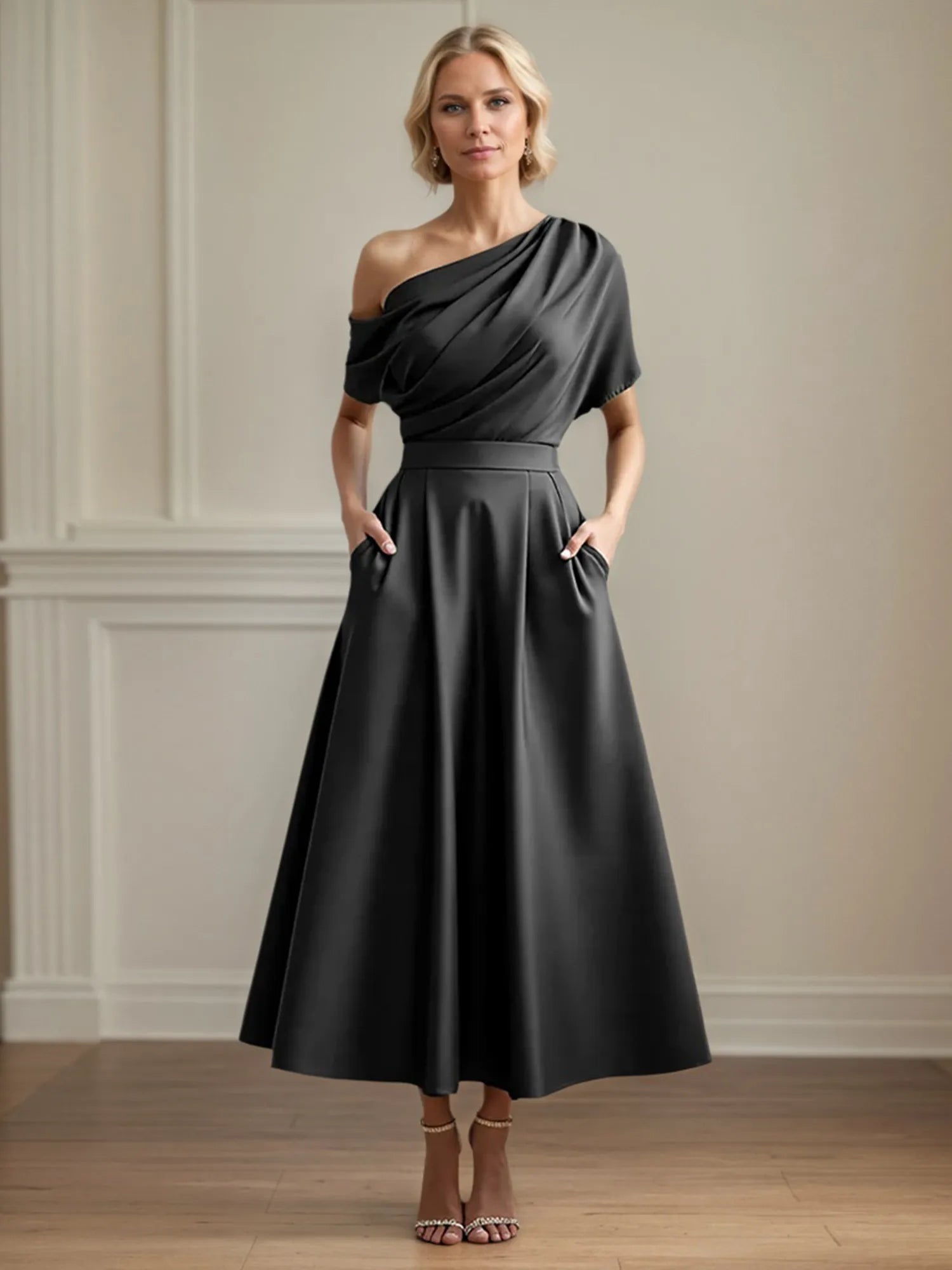 A Line Satin One Shoulder Pleated Ankle Length Mother of the Bride Dress