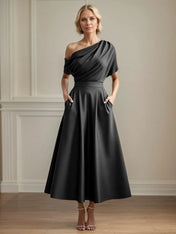A Line Satin One Shoulder Pleated Ankle Length Mother of the Bride Dress